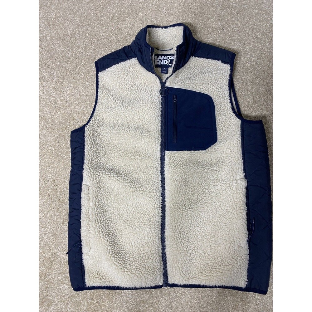Lands' End Womens S (34-36) Biege Sherpa Vest Navy Blue Pocket